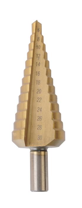 Сверло по металлу  ступенчатое 6-30мм шаг 2мм HSS+TIN прямое Sturm 1055-S630   *1/10/40** Сверло по металлу  ступенчатое 6-30мм шаг 2мм HSS+TIN прямое Sturm 1055-S630   *1/10/40**