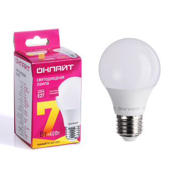 Лампа светодиодная ОНЛАЙТ, Е27, груша A60, 7 Вт, 525 Лм, 2700 К, теплый белый