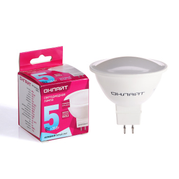 Лампа светодиодная ОНЛАЙТ, GU5.3, рефлектор MR16, 5 Вт, 375 Лм, 4000 К, нейтральный белый Лампа светодиодная ОНЛАЙТ, GU5.3, рефлектор MR16, 5 Вт, 375 Лм, 4000 К, нейтральный белый