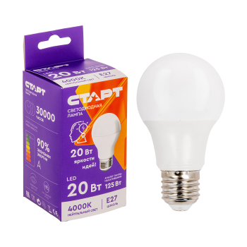 Лампа светодиодная Старт, Е27, груша, 20 Вт, 4000 К, нейтральный белый