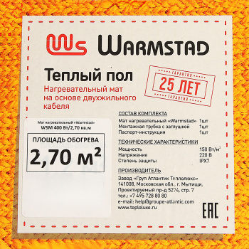 Мат нагревательный 5.4х0.5 м Warmstad, 400 Вт, 2.7 м²