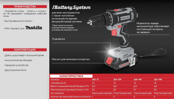 Дрель-шуруповерт 12В 2скор.0-350/1300об/м 25Нм 2Ач 1аккум LI-ION 1BatterySystem ДШ-12 Энергомаш *1/5