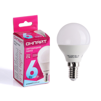 Лампа светодиодная ОНЛАЙТ, Е14, шар G45, 6 Вт, 470 Лм, 4000 К, нейтральный белый Лампа светодиодная ОНЛАЙТ, Е14, шар G45, 6 Вт, 470 Лм, 4000 К, нейтральный белый