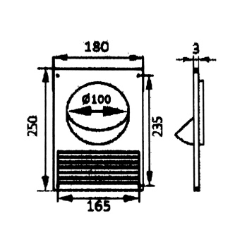 Площадка торцевая для воздуховода круглая Ø100мм 180х250мм 100ПТПР (решетка, фланец) *1/22