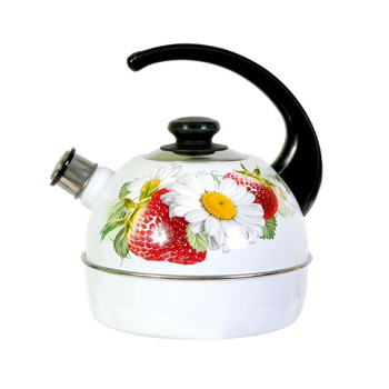 Чайник эмалированный со свистком 3,5л декор "Клубника с ромашкой" Белый Т04/35/03/05 *1/4