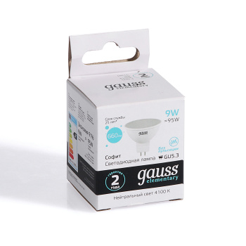 Лампа светодиодная Gauss Elementary, GU5.3, MR16, 9 Вт, 660 Лм, 4000 К, нейтральный белый